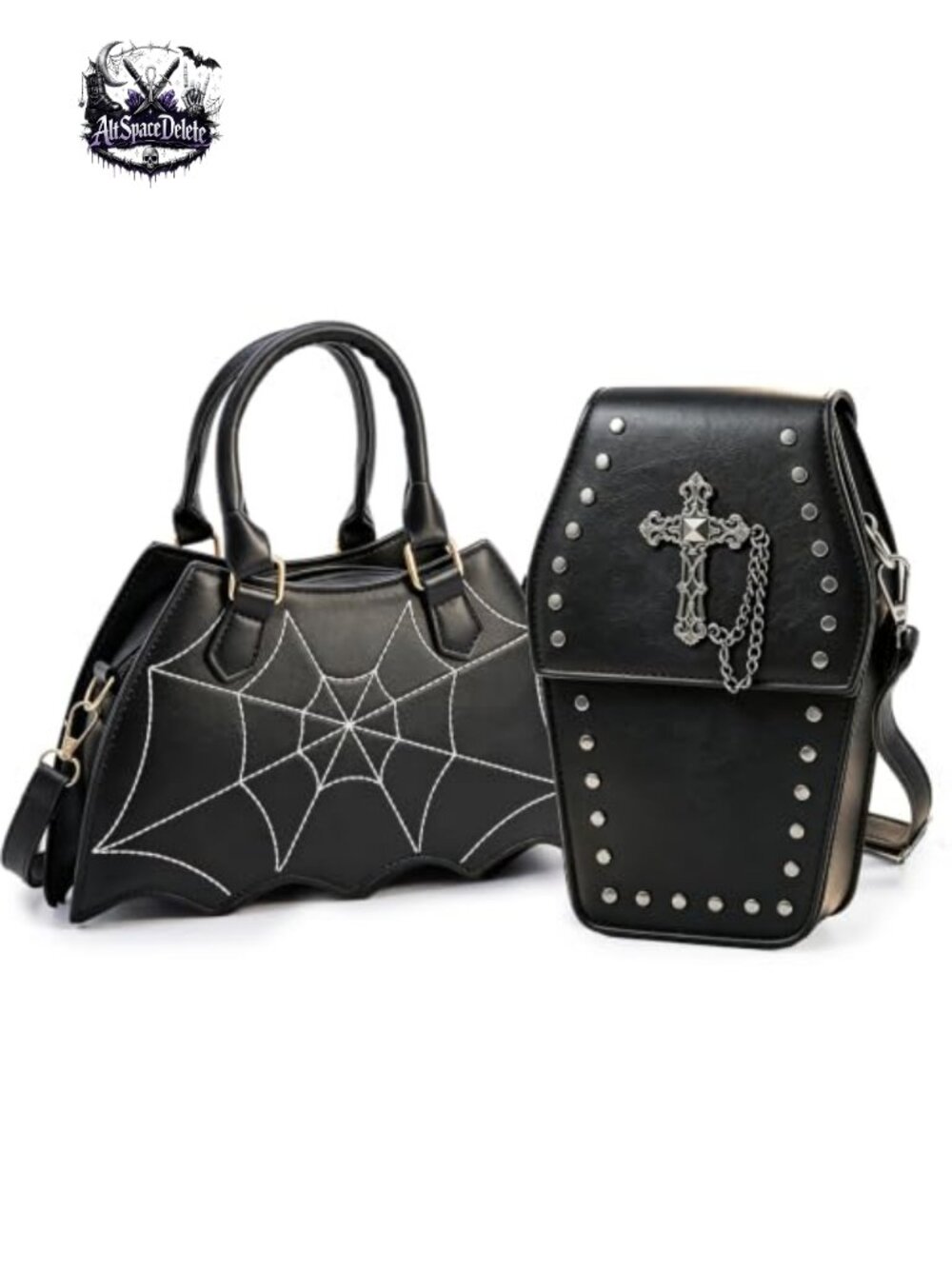2 Pack Gothic Bat Backpack & Crossbody Purse Set PU Leather Halloween